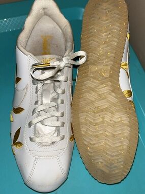 Nike White Sneakers with Metallic Gold Leaf Accents; Cortez size 10